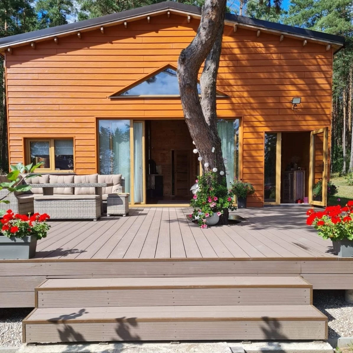 Decking and planting outside a timber cabin